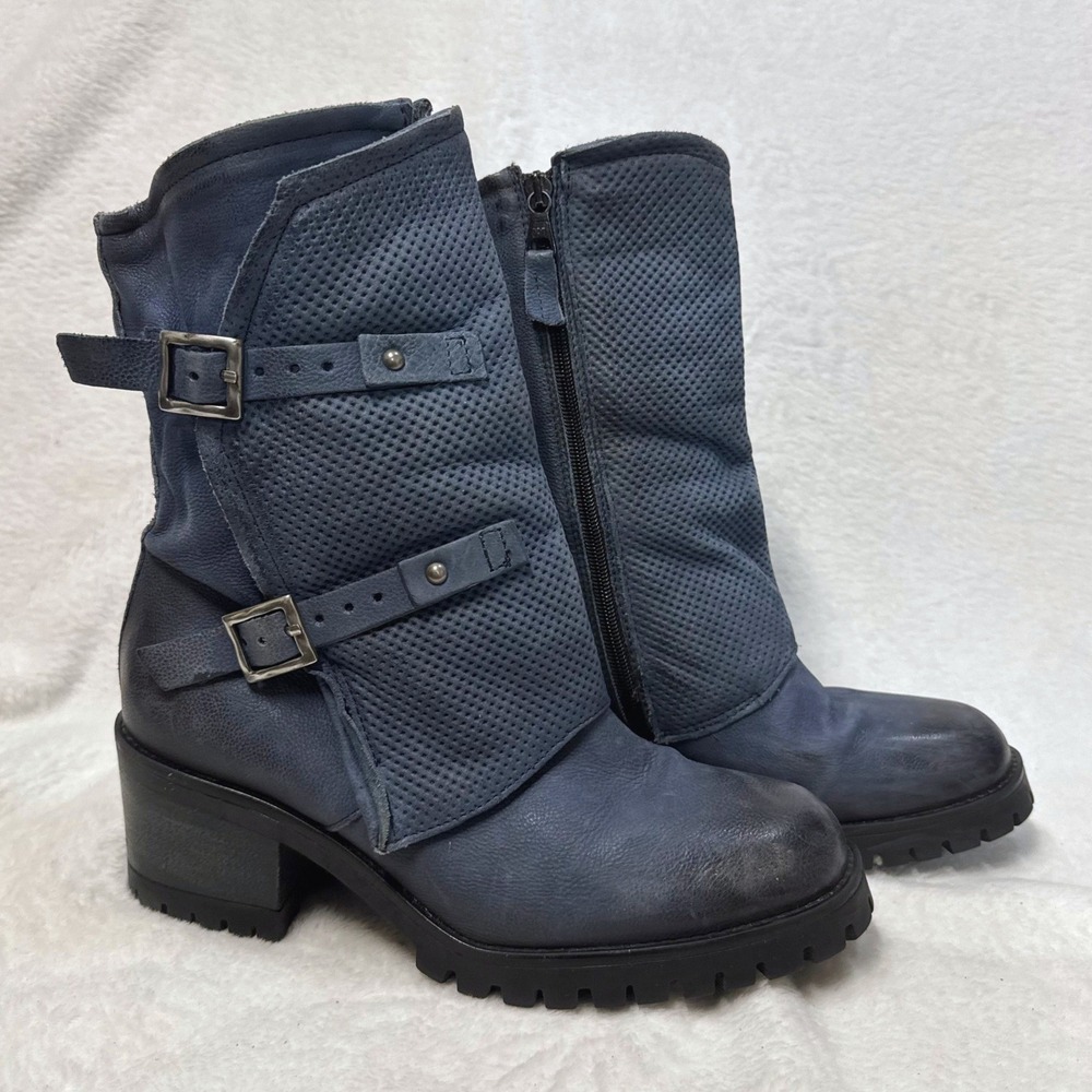 RARE Miz Mooz 8.5 Madena Dual Buckle Boot River Blue Leather Moto Steampunk Boho - Picture 2 of 10